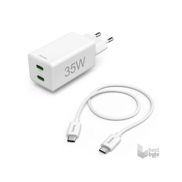 Hama univerzális hálózati 2x Type-C mini töltő, PD (35W), fehér, 1M kábel (125116)